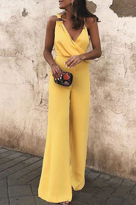 Fashion Street Classic Solid Patchwork V Neck Loose Jumpsuits