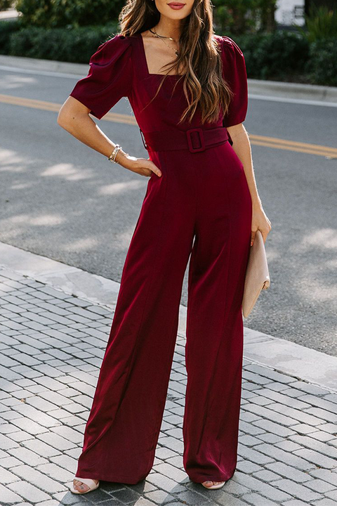 Fashion Elegant & Stylish Classic Solid Fold With Belt Square Collar Jumpsuits