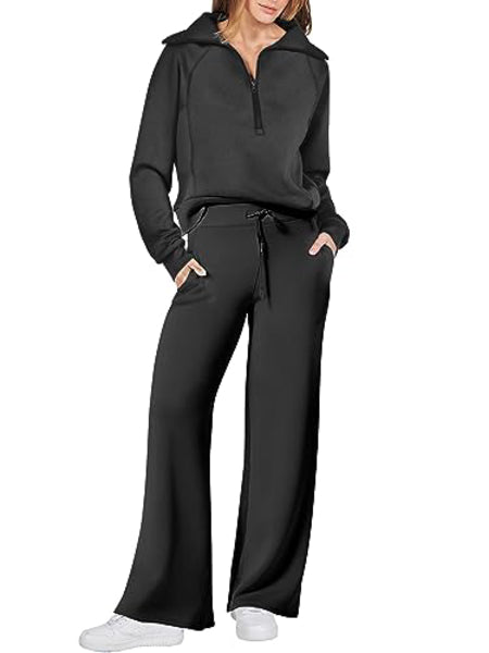 Women's Luxe 2-Piece Sweatsuit - Oversized Half-Zip Sweatshirt & Wide-Leg Lounge Pants - Classic Colors