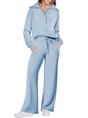 Women's Luxe 2-Piece Sweatsuit - Oversized Half-Zip Sweatshirt & Wide-Leg Lounge Pants - Exotic Colors