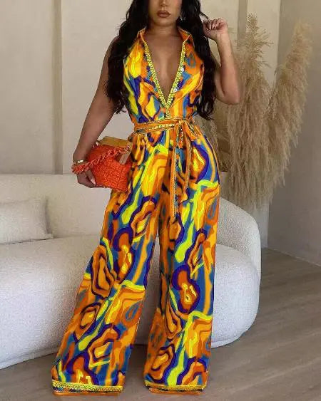 Wide Leg Jumpsuit with Multi-Color Abstract Print