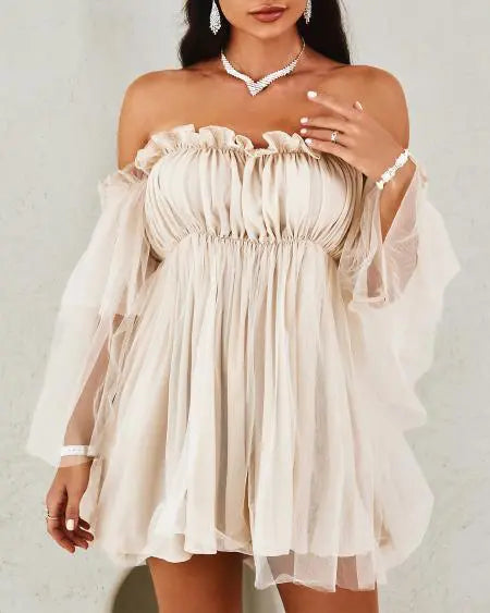 Sheer Mesh Swing Dress with Off Shoulder & Frills