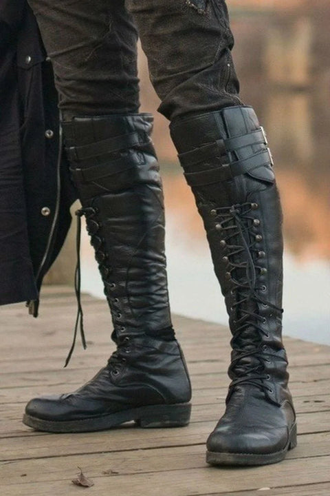 Men's Medieval Style Knee High Boots - Rugged Cross Strap Lace-Up Shoes for Every Season