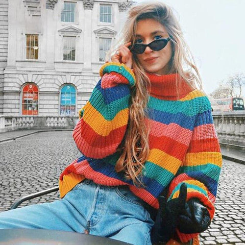 Rainbow Striped Turtleneck Sweater