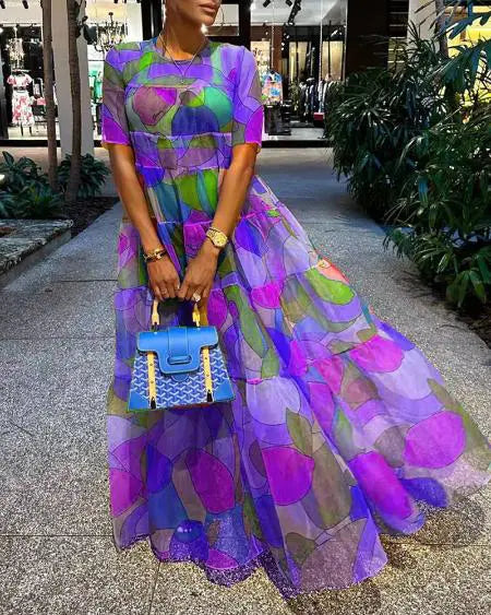 Maxi Dress with Short Sleeves & Fruit Design