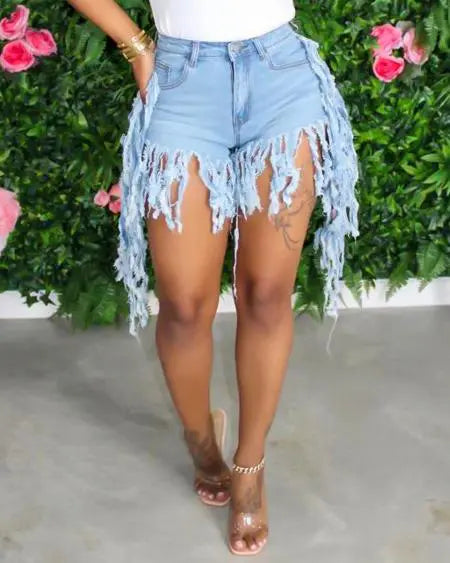 Denim shorts met franjes en ritssluiting