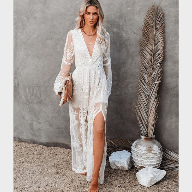 Boho Lace Embroidered Maxi Dress – V-Neck, Long Sleeve, A-Line