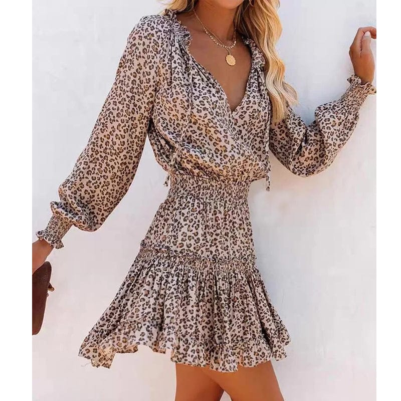 Women’s Long-Sleeve Smocked Waist Ruffle Hem Mini Dress – V-Neck Leopard Print