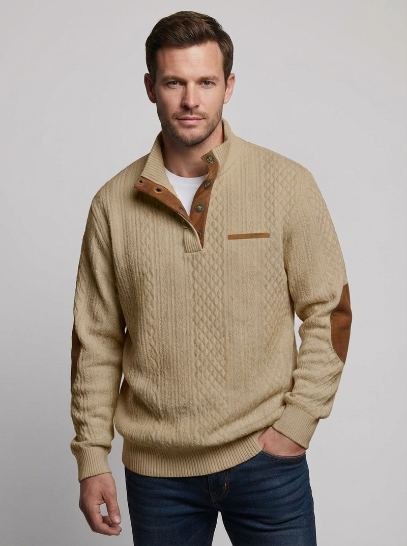 Men's Cable Knit Henley Pullover with Chest Pocket