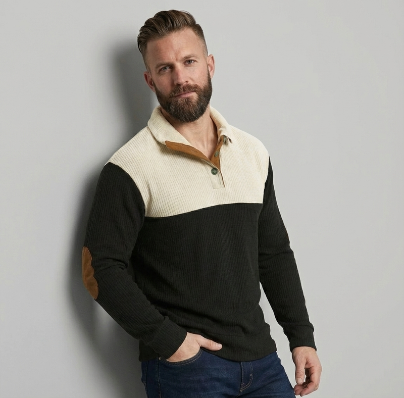 Men's Colorblock Henley Pullover Waffle Knit Sweatshirt