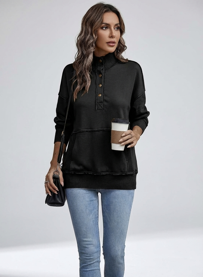Women's Stand Neck Henley Sweatshirt Long Sleeve Lightweight Casual Pullover Top