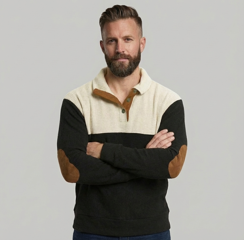 Men's Colorblock Henley Pullover Waffle Knit Sweatshirt