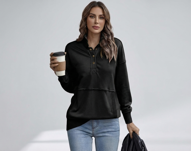 Women's Stand Neck Henley Sweatshirt Long Sleeve Lightweight Casual Pullover Top