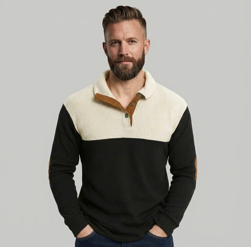 Men's Colorblock Henley Pullover Waffle Knit Sweatshirt