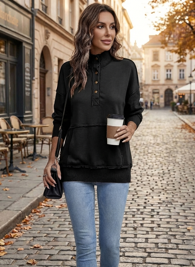Women's Stand Neck Henley Sweatshirt Long Sleeve Lightweight Casual Pullover Top