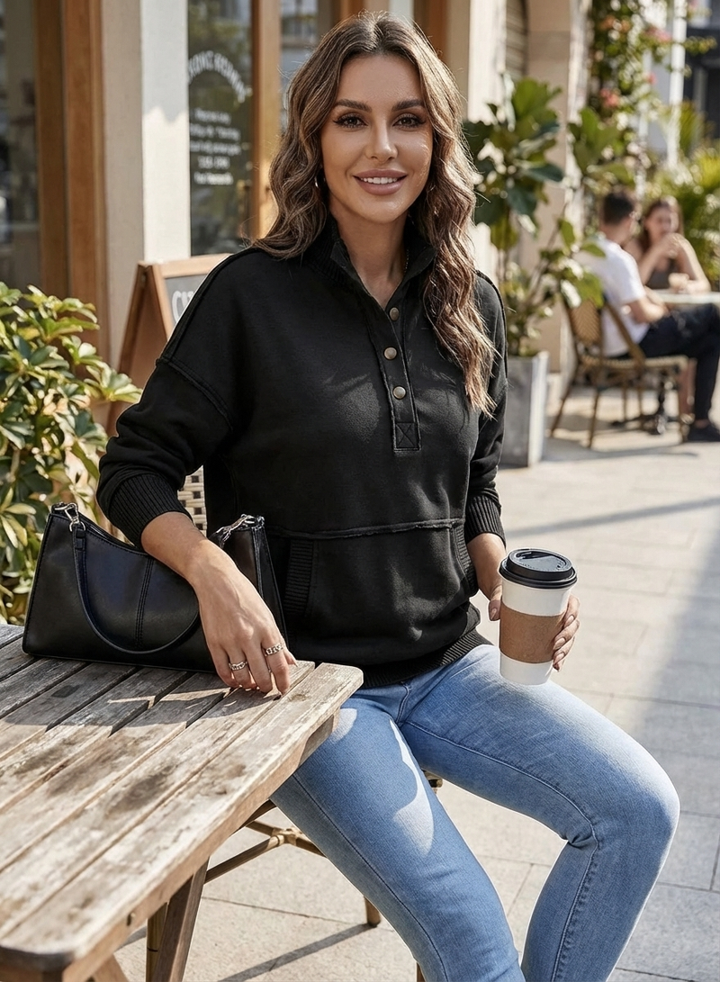 Women's Stand Neck Henley Sweatshirt Long Sleeve Lightweight Casual Pullover Top