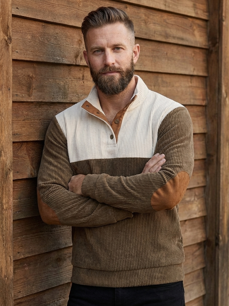 Men's Colorblock Henley Pullover Waffle Knit Sweatshirt