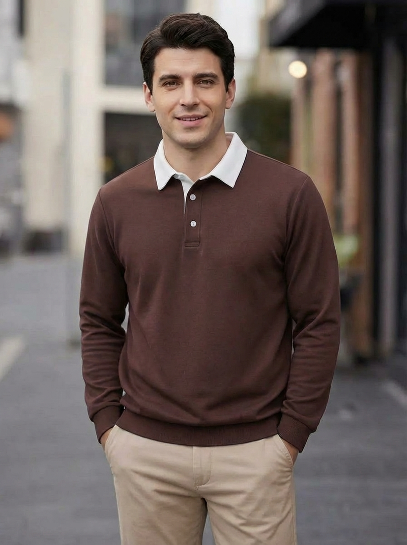 Men's Long Sleeve Polo Collar Sweatshirt - Casual Pullover Top
