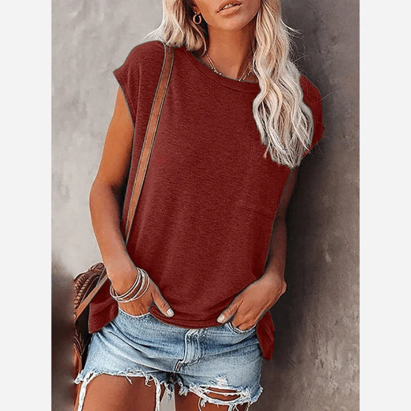 Women’s O-Neck Short-Sleeve Pocket Tee – Casual Boho Chic Broadcloth Top