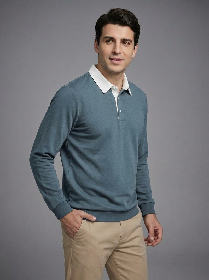 Men's Long Sleeve Polo Collar Sweatshirt - Casual Pullover Top