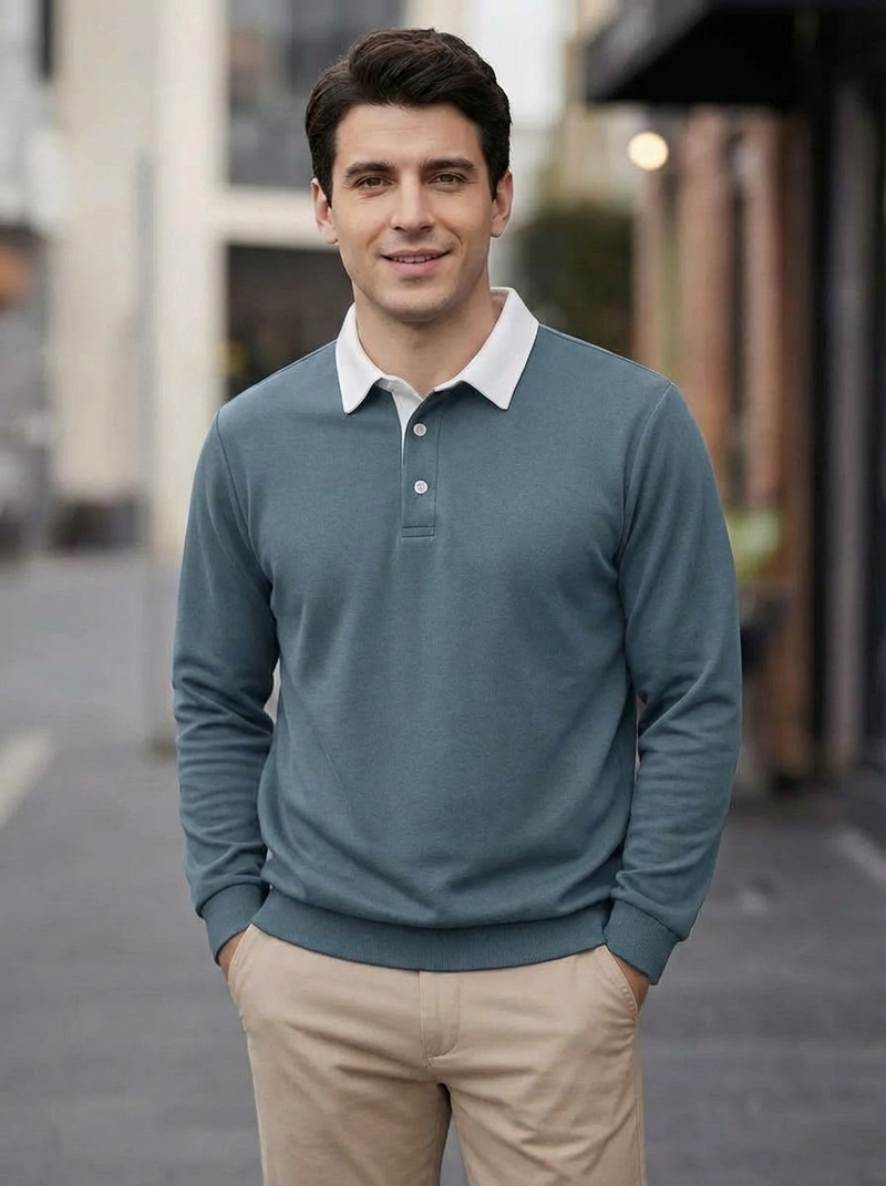Men's Long Sleeve Polo Collar Sweatshirt - Casual Pullover Top