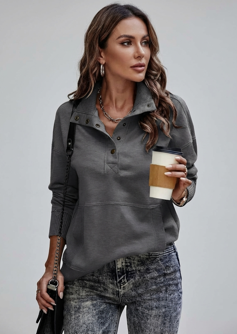 Women's Stand Neck Henley Sweatshirt Long Sleeve Lightweight Casual Pullover Top