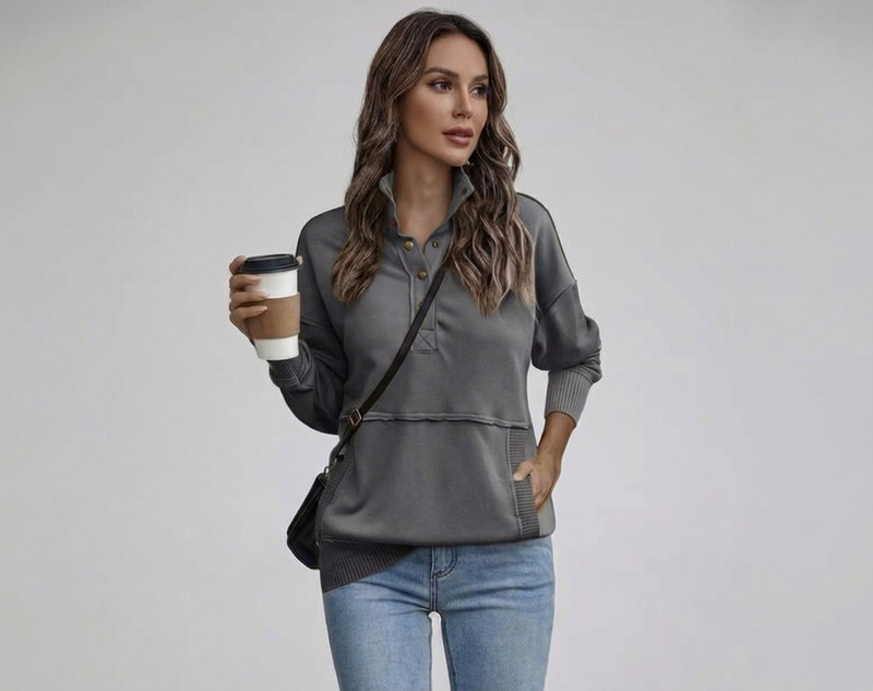 Women's Stand Neck Henley Sweatshirt Long Sleeve Lightweight Casual Pullover Top