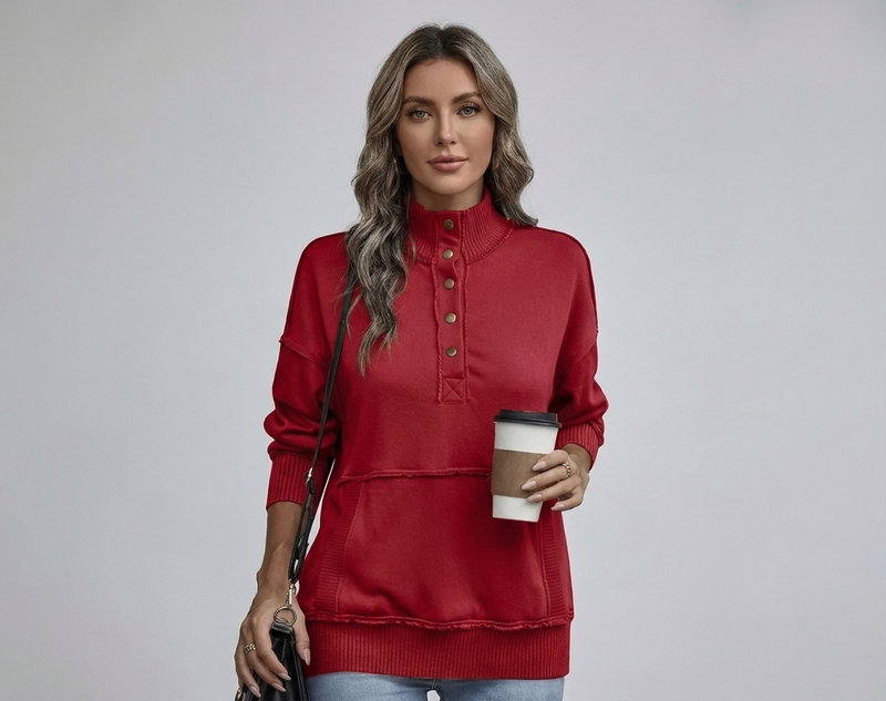 Women's Stand Neck Henley Sweatshirt Long Sleeve Lightweight Casual Pullover Top