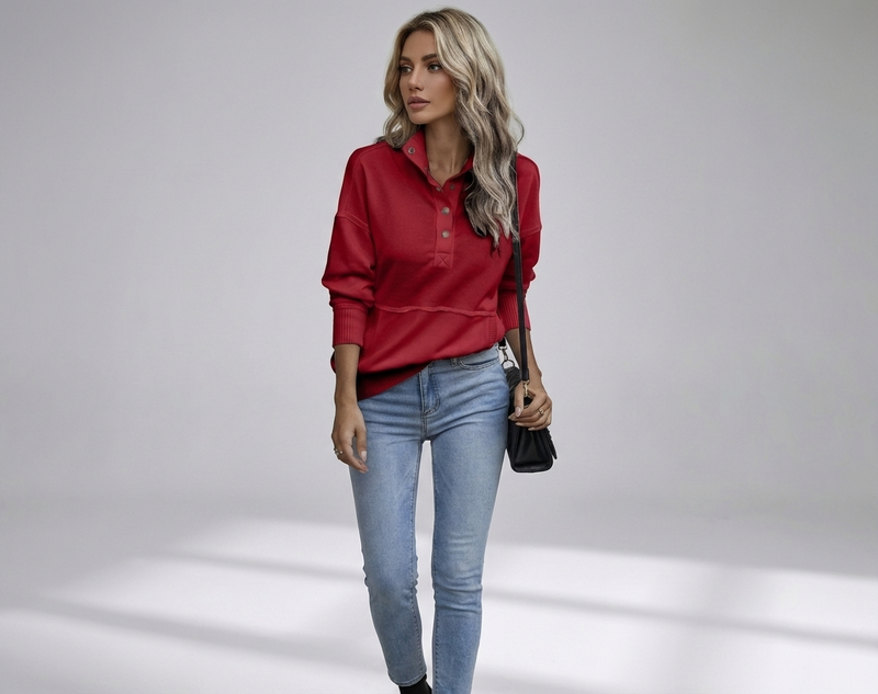 Women's Stand Neck Henley Sweatshirt Long Sleeve Lightweight Casual Pullover Top