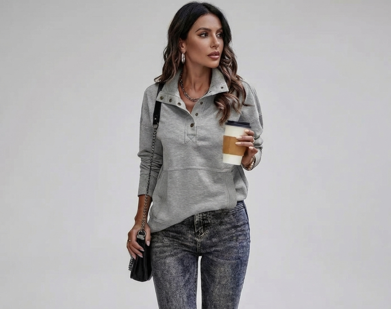 Women's Stand Neck Henley Sweatshirt Long Sleeve Lightweight Casual Pullover Top