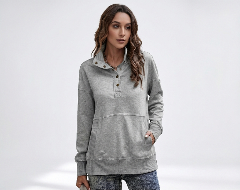 Women's Stand Neck Henley Sweatshirt Long Sleeve Lightweight Casual Pullover Top