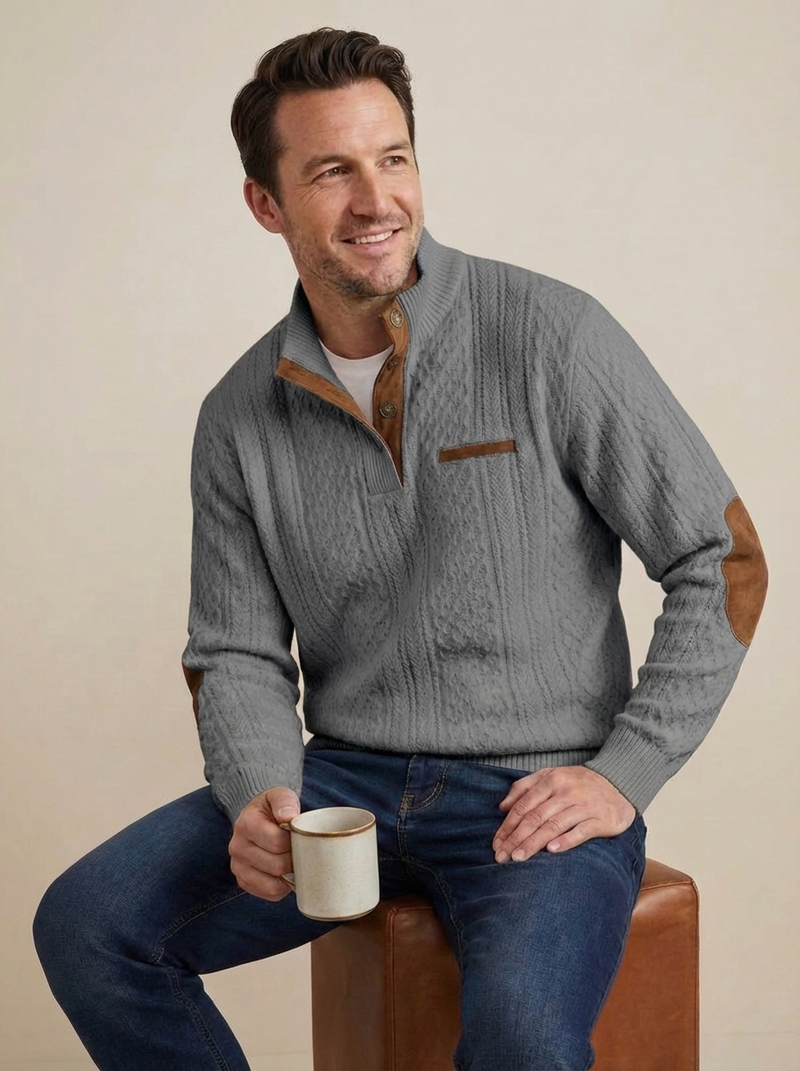 Men's Cable Knit Henley Pullover with Chest Pocket