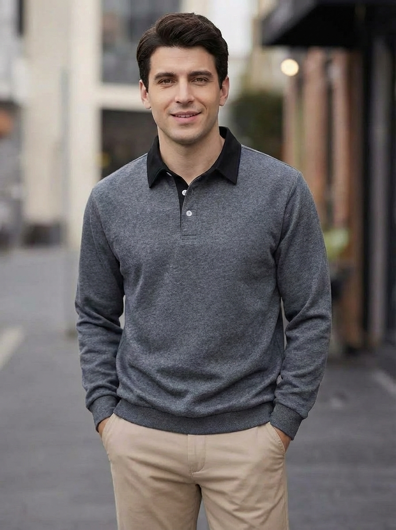 Men's Long Sleeve Polo Collar Sweatshirt - Casual Pullover Top