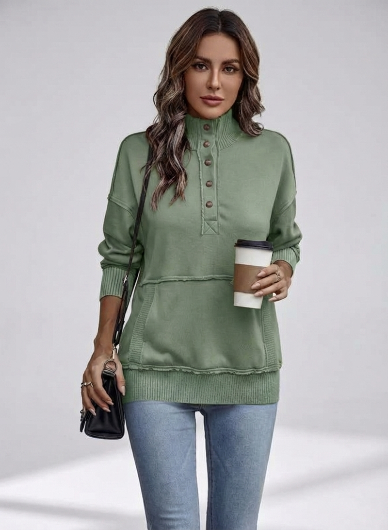 Women's Stand Neck Henley Sweatshirt Long Sleeve Lightweight Casual Pullover Top