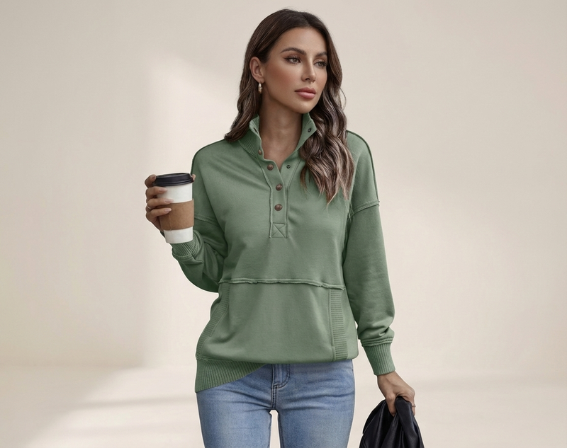 Women's Stand Neck Henley Sweatshirt Long Sleeve Lightweight Casual Pullover Top