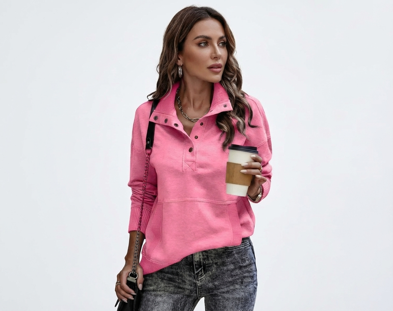 Women's Stand Neck Henley Sweatshirt Long Sleeve Lightweight Casual Pullover Top