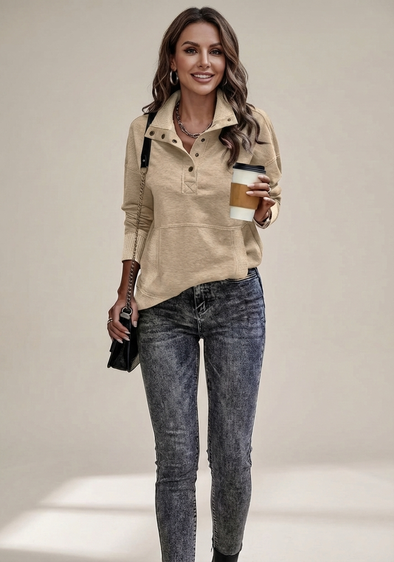 Women's Stand Neck Henley Sweatshirt Long Sleeve Lightweight Casual Pullover Top