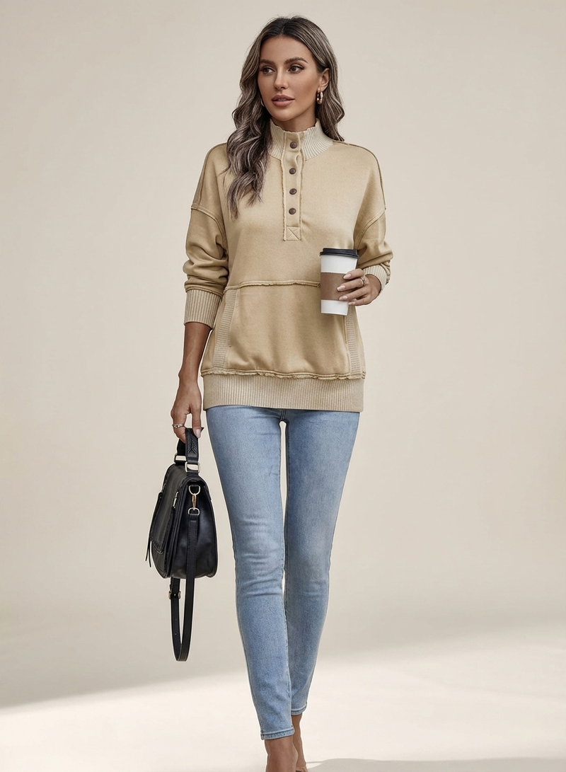 Women's Stand Neck Henley Sweatshirt Long Sleeve Lightweight Casual Pullover Top