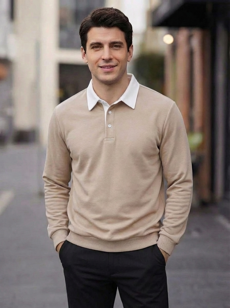 Men's Long Sleeve Polo Collar Sweatshirt - Casual Pullover Top