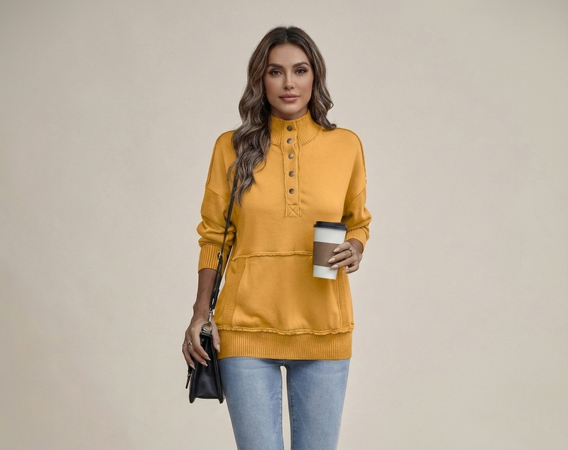 Women's Stand Neck Henley Sweatshirt Long Sleeve Lightweight Casual Pullover Top