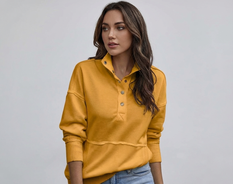 Women's Stand Neck Henley Sweatshirt Long Sleeve Lightweight Casual Pullover Top