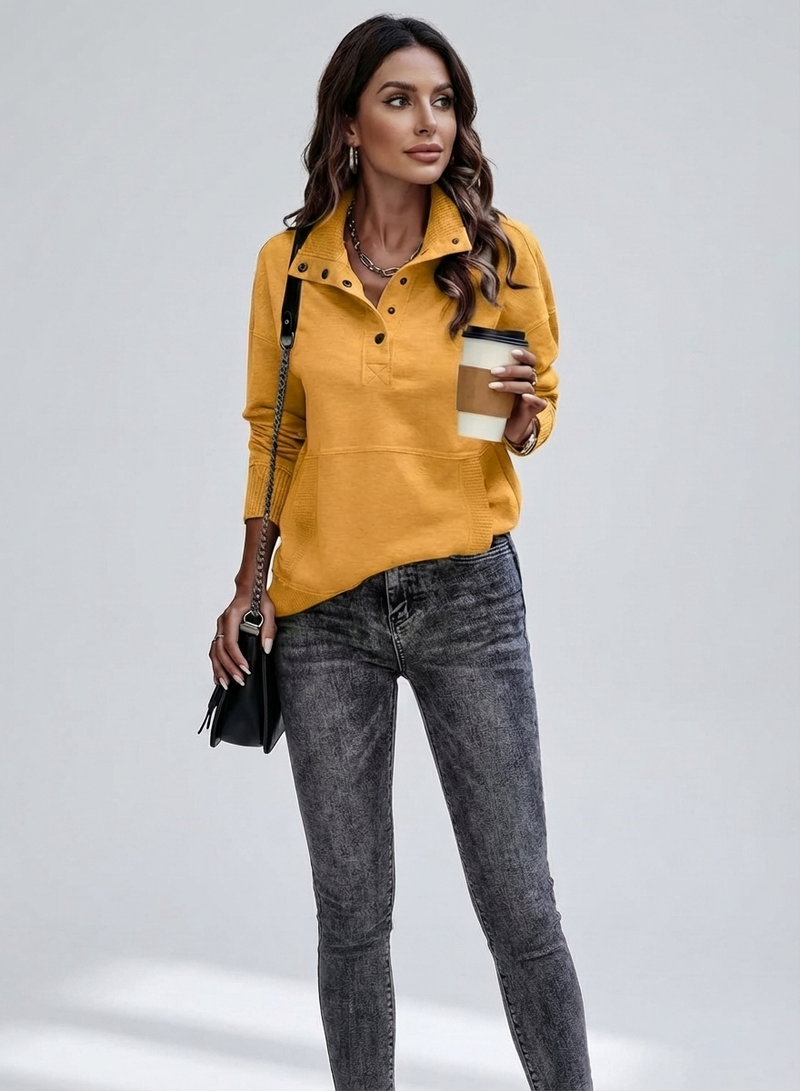 Women's Stand Neck Henley Sweatshirt Long Sleeve Lightweight Casual Pullover Top