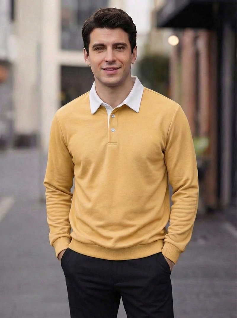 Men's Long Sleeve Polo Collar Sweatshirt - Casual Pullover Top