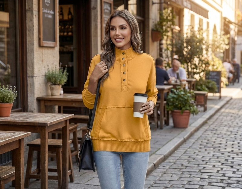 Women's Stand Neck Henley Sweatshirt Long Sleeve Lightweight Casual Pullover Top