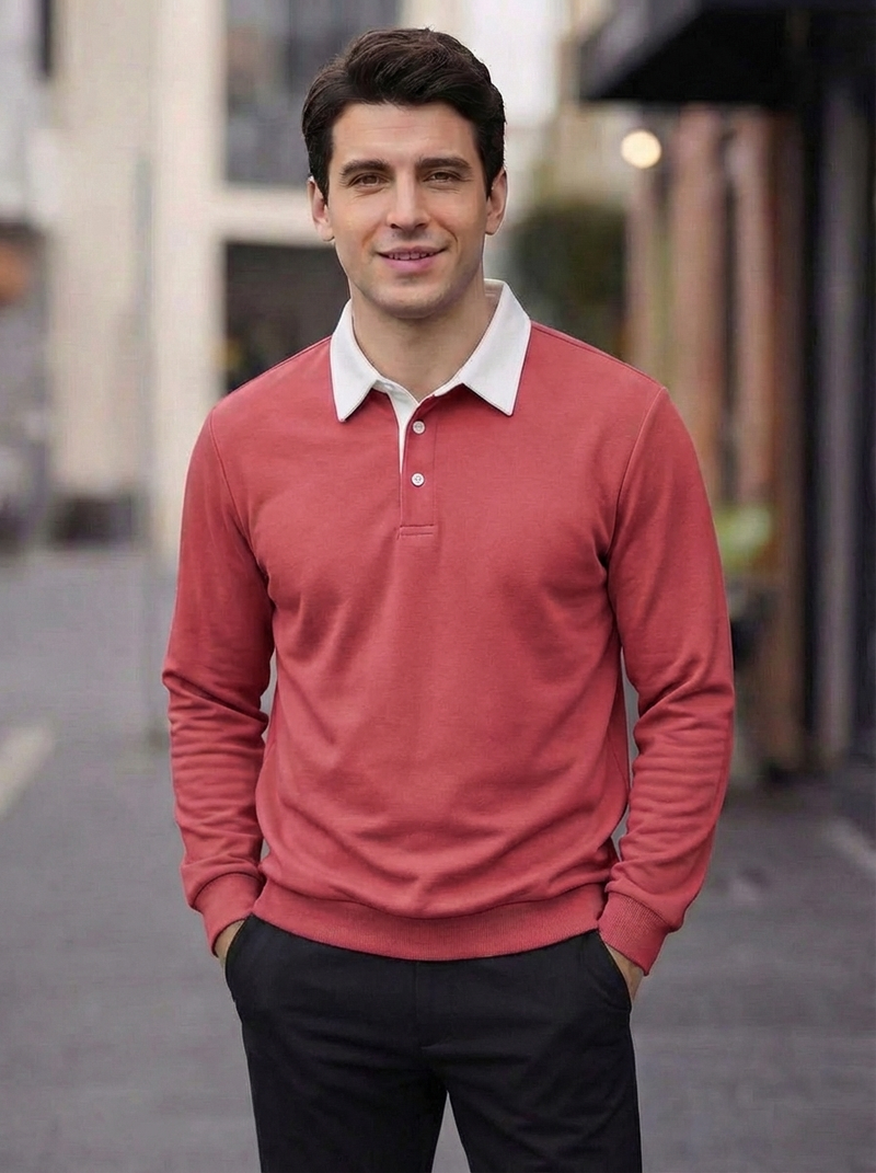 Men's Long Sleeve Polo Collar Sweatshirt - Casual Pullover Top