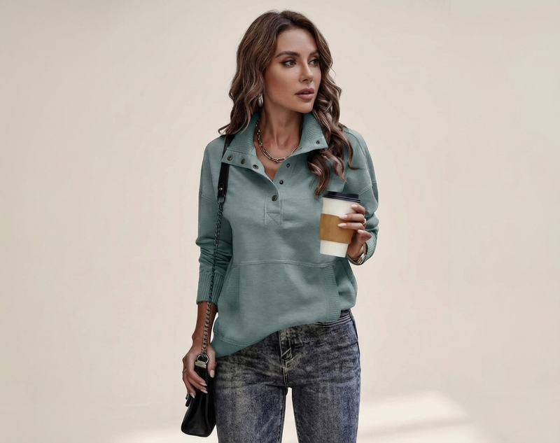 Women's Stand Neck Henley Sweatshirt Long Sleeve Lightweight Casual Pullover Top