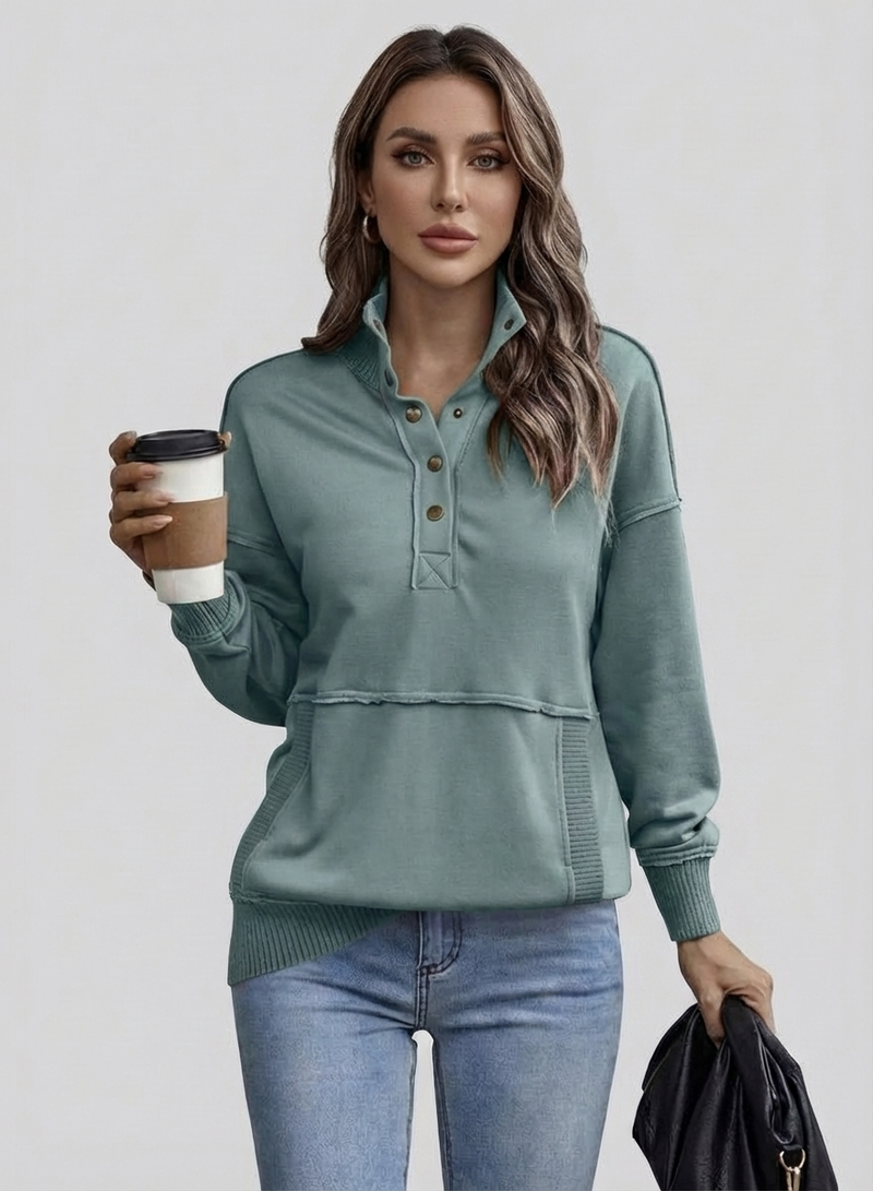 Women's Stand Neck Henley Sweatshirt Long Sleeve Lightweight Casual Pullover Top