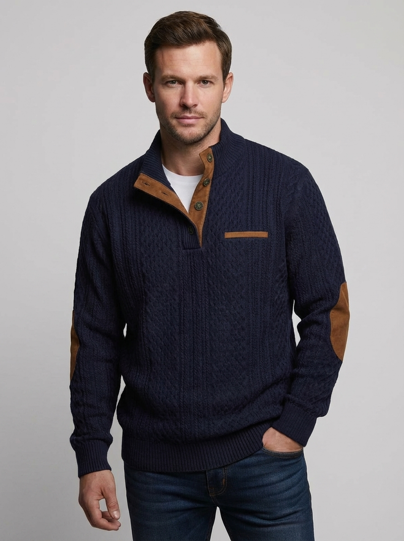 Men's Cable Knit Henley Pullover with Chest Pocket