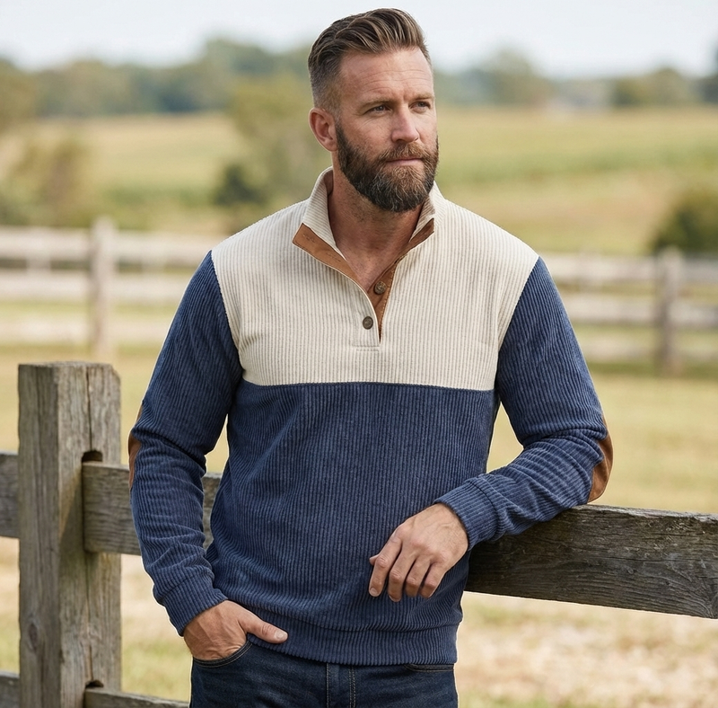 Men's Colorblock Henley Pullover Waffle Knit Sweatshirt