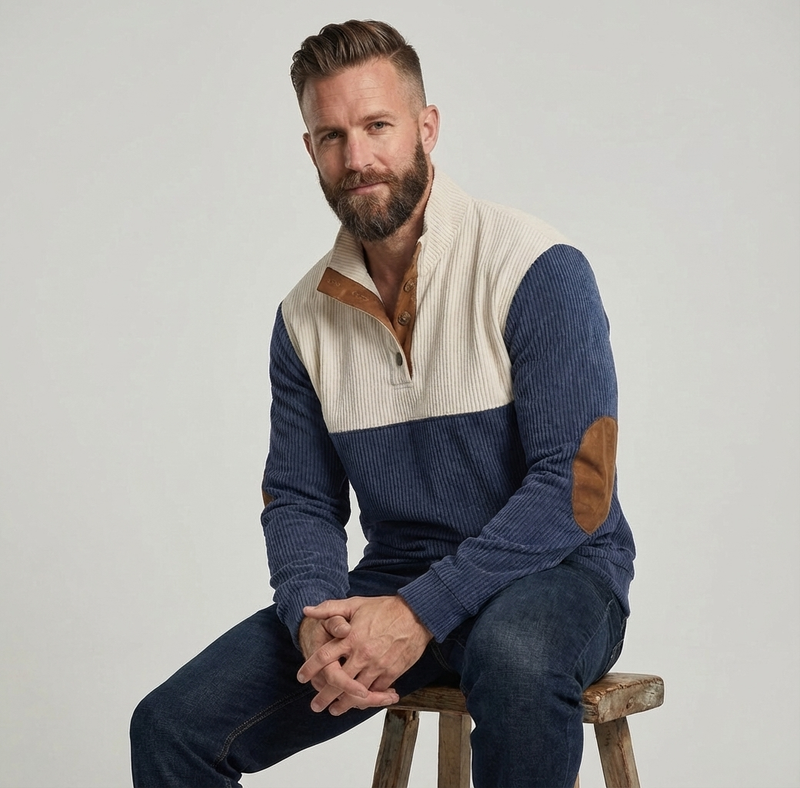 Men's Colorblock Henley Pullover Waffle Knit Sweatshirt